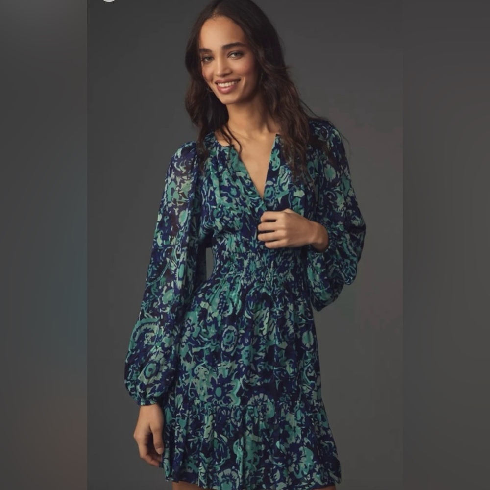 Anthropologie Blue and Green Patterned Dress